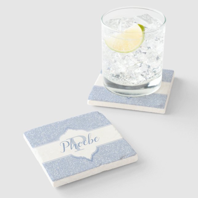 Sky Blue Glitzer Monogram Untersetzer (Seitenansicht)