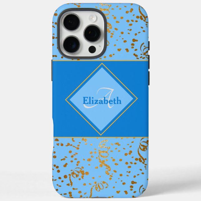 Sky Blue Gold Confetti Monogram Individuelle Name Case-Mate iPhone Hülle (Rückseite)