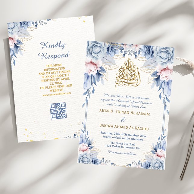 Sky Blue Gold Floral Verlasst muslimische Hochzeit Einladung (Von Creator hochgeladen)