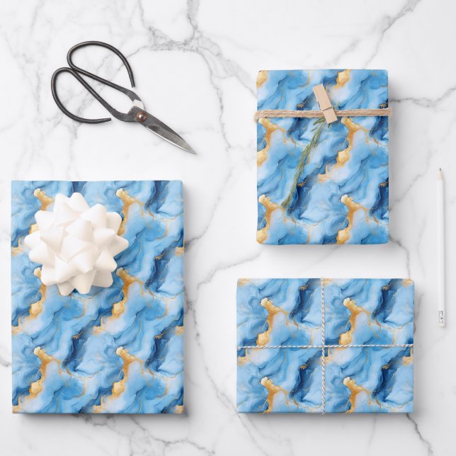 Sky Blue & Gold Marble Geschenkpapier Set (Vorderseite)