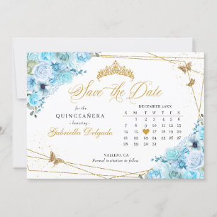 Sky Blue & Gold Quinceñera Save the Date Einladung