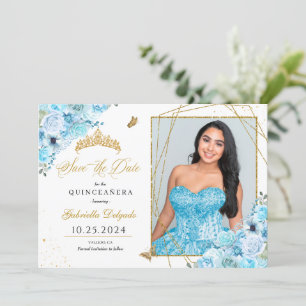 Sky Blue & Gold Quinceñera Save the Date Foto Einladung