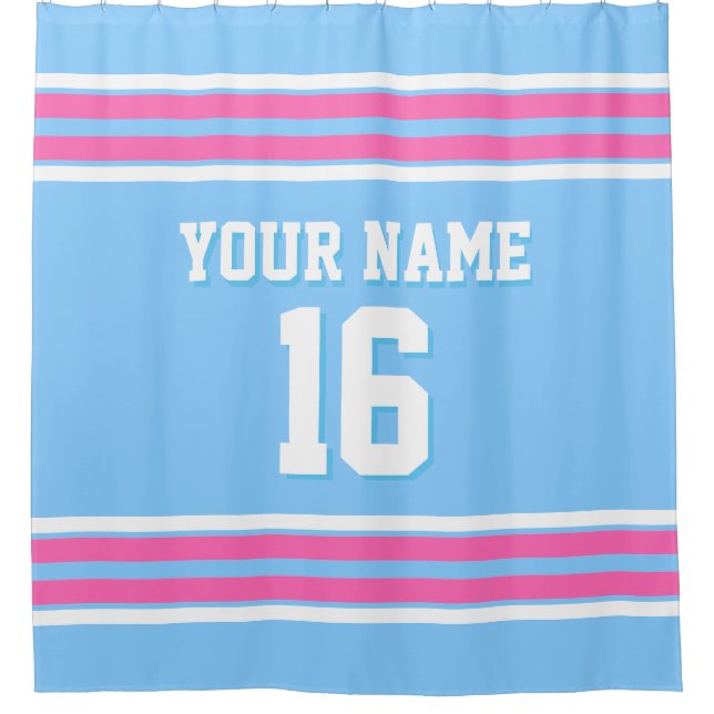 Sky Blue Hot Pink White Stripes Sport Jersey Duschvorhang (Vorderseite)