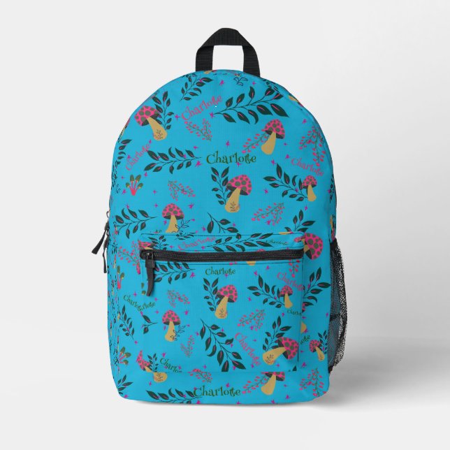 Sky Blue Individuelle Name School and Gym Mushroom Bedruckter Rucksack (Vorderseite)