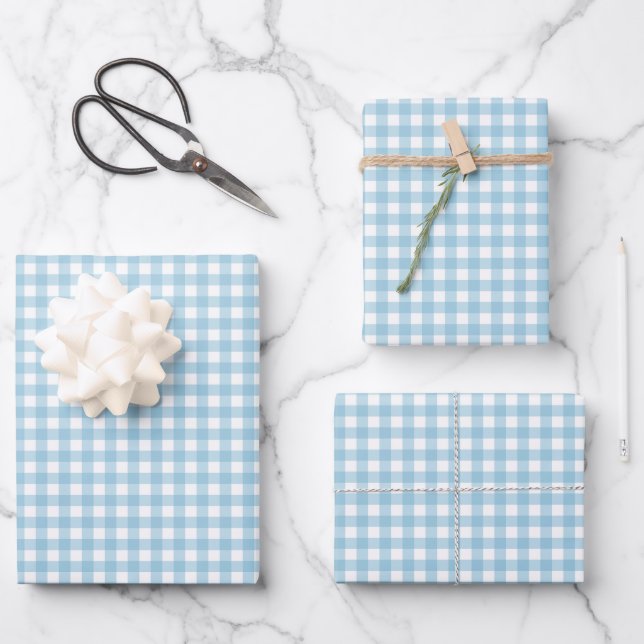Sky Blue Kariert Geschenkpapier Set (Vorderseite)