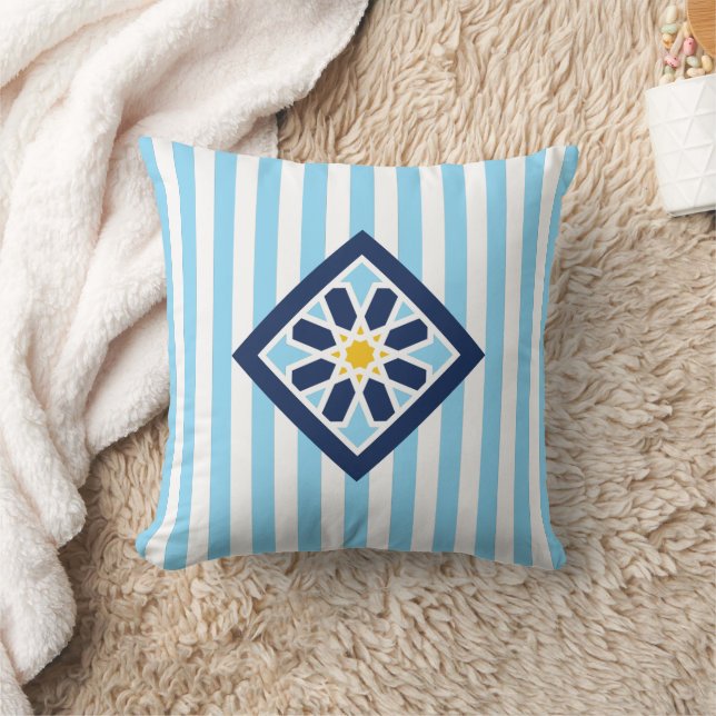 Sky Blue Marokcan Zellige Blume Symbol Kissen (Decke)