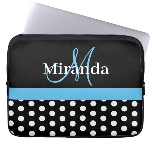 Sky Blue Monogram Schwarz-weiß Polka Dot Laptopschutzhülle (Vorderseite)