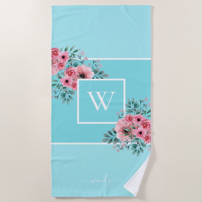 Sky Blue Monogram Watercolor Blume Strandtuch (Vorderseite)