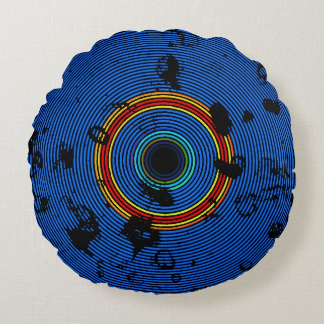 Sky Blue Multicolor Vinyl Disk Texture Muster Rundes Kissen (Vorderseite)