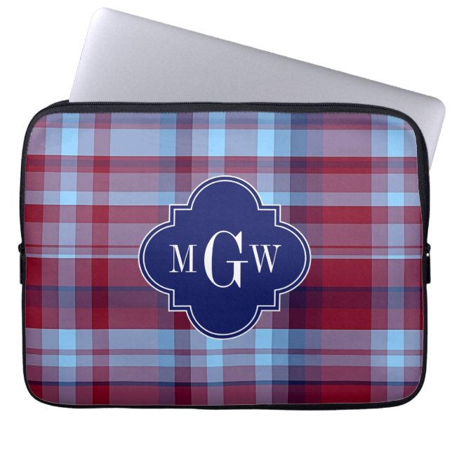 Sky Blue Navy Burgundy Preppy Madras Monogram Laptopschutzhülle (Vorderseite)