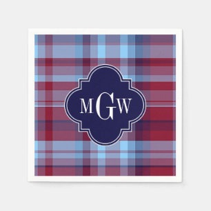 Sky Blue Navy Burgundy Preppy Madras Monogram Serviette