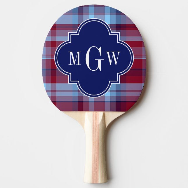 Sky Blue Navy Burgundy Preppy Madras Monogram Tischtennis Schläger (Vorderseite)