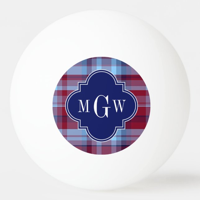 Sky Blue Navy Burgundy Preppy Madras Monogram Tischtennisball (Vorderseite)