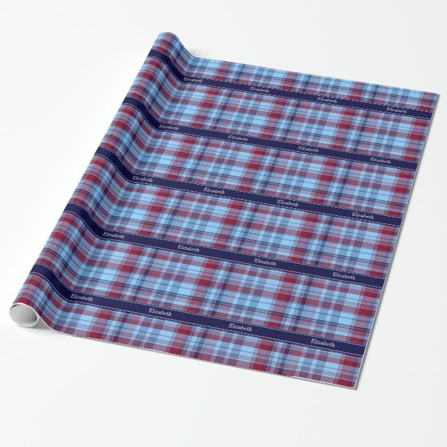 Sky Blue Navy Burgundy Preppy Madras N Monogram Geschenkpapier (Ungerollt)