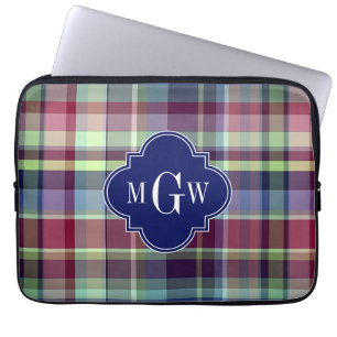 Sky Blue Navy Burgundy Wht Preppy Madras Monogram Laptopschutzhülle