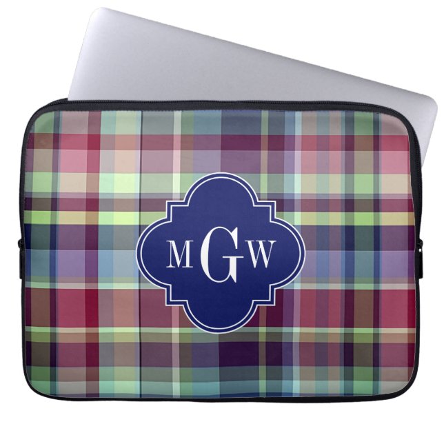 Sky Blue Navy Burgundy Wht Preppy Madras Monogram Laptopschutzhülle (Vorderseite)