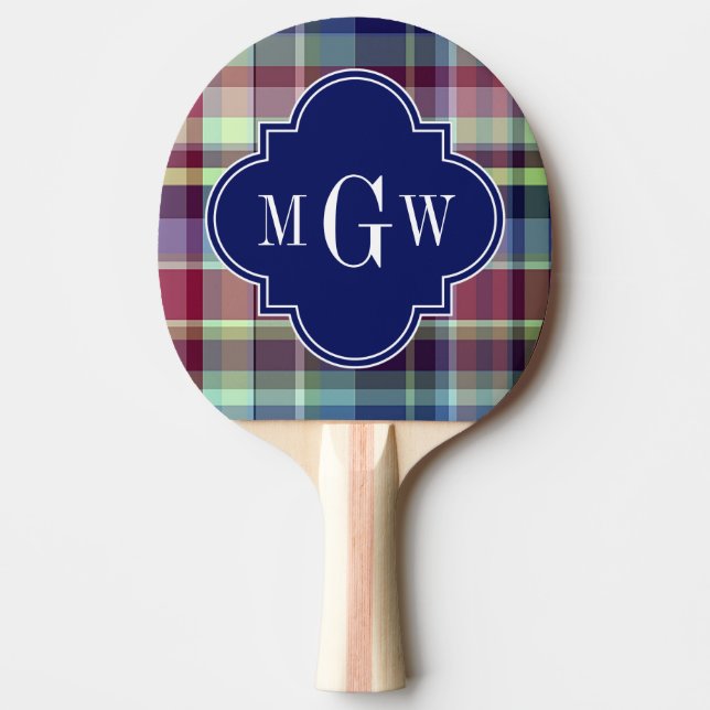 Sky Blue Navy Burgundy Wht Preppy Madras Monogram Tischtennis Schläger (Vorderseite)