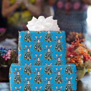 Sky Blue Niedlich Watercolor Bunny Floral Oster Geschenkpapier