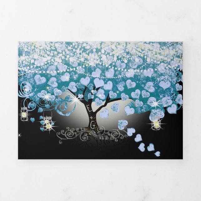 Sky Blue Pastel Heart Leaf Tree Wedding Dreifach Gefaltete Einladung (Cover)