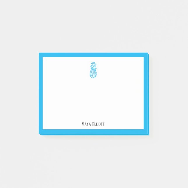 Sky Blue Pineapon und Border on White mit Name Post-it Klebezettel (Vorderseite)