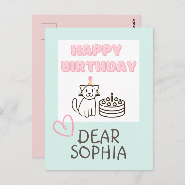 Sky blue&Pink Happy Birthday Cat Postcard Postkarte (Vorne/Hinten)