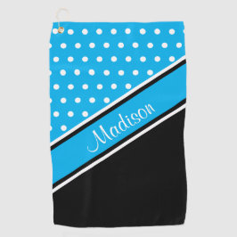Sky Blue Polka Dot Black Diagonal Script Name Golfhandtuch