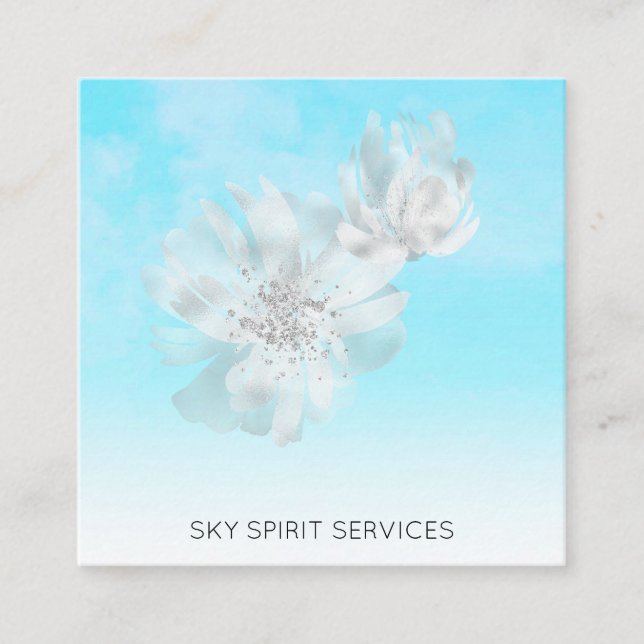 *~* Sky Blue QR Wolken Blume Glitzer Shimmer Quadratische Visitenkarte (Vorderseite)