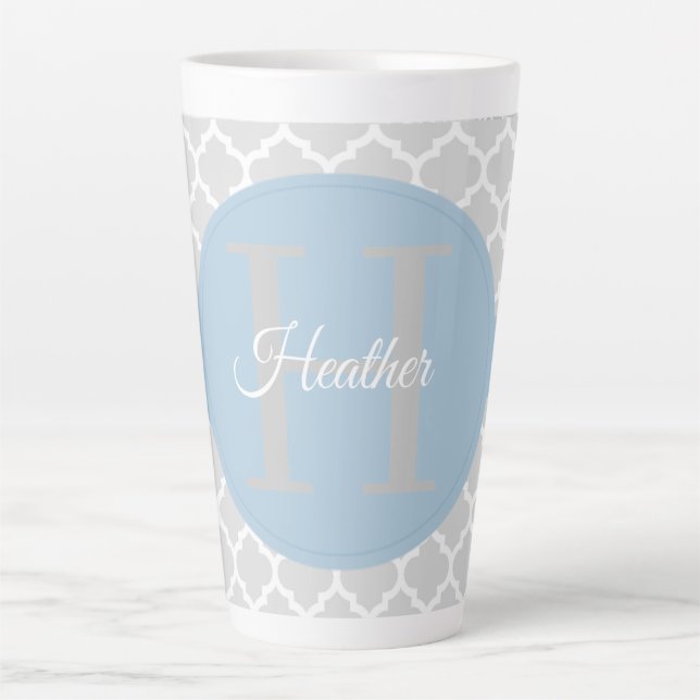 Sky Blue Quatrefoil Personalisierte Latte Tasse (Vorderseite)
