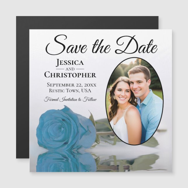 Sky Blue Rose Wedding Save the Date Foto Magnet (Vorne/Hinten)