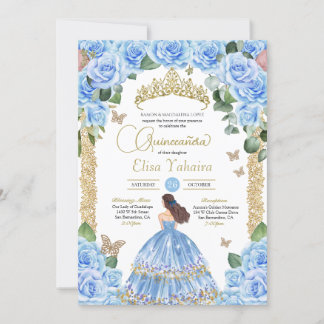 Sky Blue Rosen floral Gold Butterfly Quinceanera Einladung