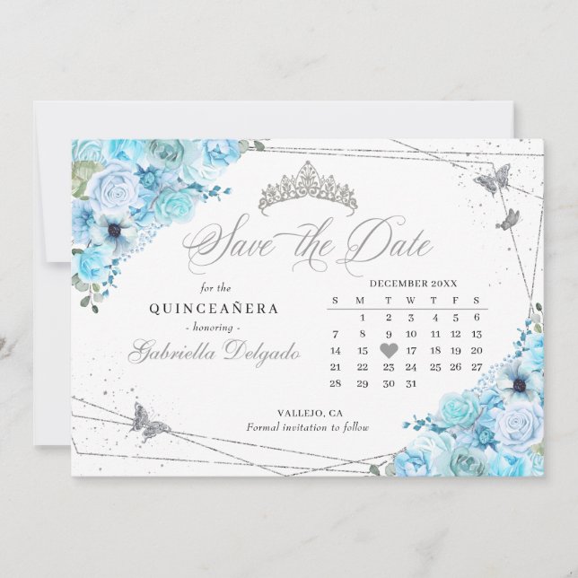 Sky Blue & Silver Quinceñera Save the Date Einladung (Vorderseite)