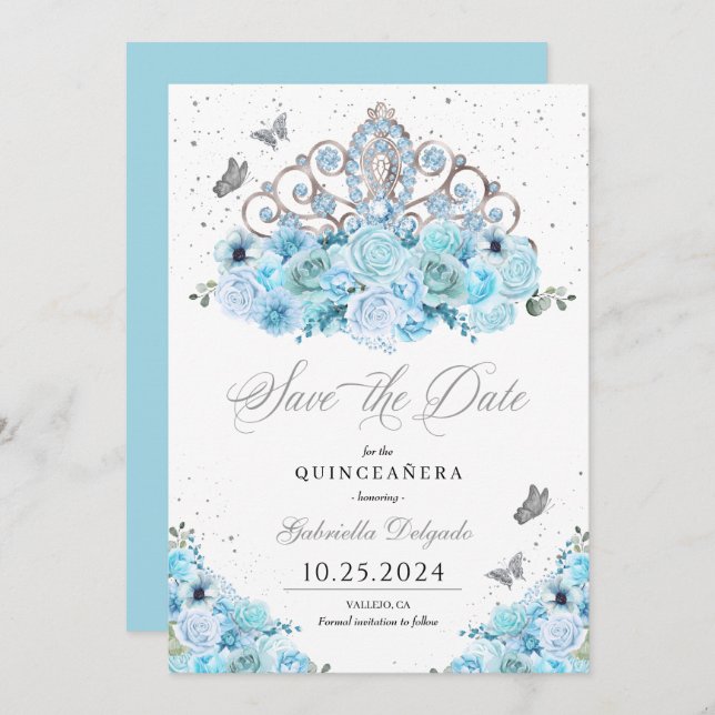 Sky Blue & Silver Tiara Save the Date Quinceañera Einladung (Vorne/Hinten)