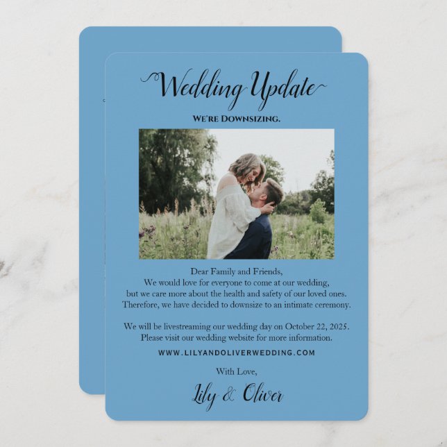 Sky Blue Simple Wedding Update 2 Foto Downsizing Ankündigung (Vorne/Hinten)