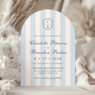 Sky Blue Stripes Monogram Wappen Wedding Einladung
