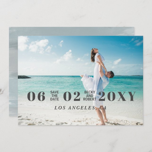Sky Blue Stylish Simple Modern Typografy Foto Save The Date (Vorne/Hinten)