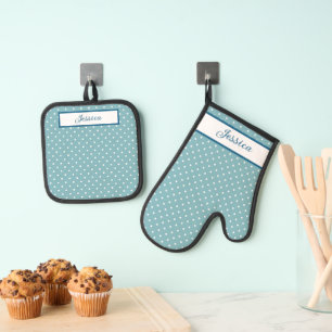 Sky Blue und White Polka Dots Ofenhandschuh & Topflappen-Set