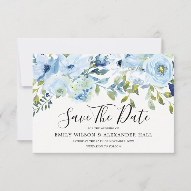 Sky Blue Watercolor Blume Moderne Hochzeiten Save The Date (Vorderseite)