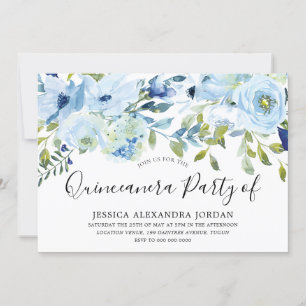 Sky Blue Watercolor Blume Quinceanera Party Einladung