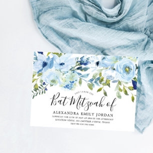 Sky Blue Watercolor Floral Bar Mitzvah Bat Mitzvah Einladung