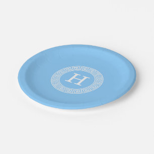 Sky Blue Whelt Griechisch Key Rnd Frame Initial Mo Pappteller