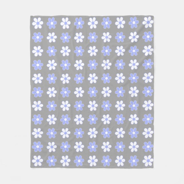 Sky Blue & White Blume auf Silver Grau Fleecedecke (Vorderseite)