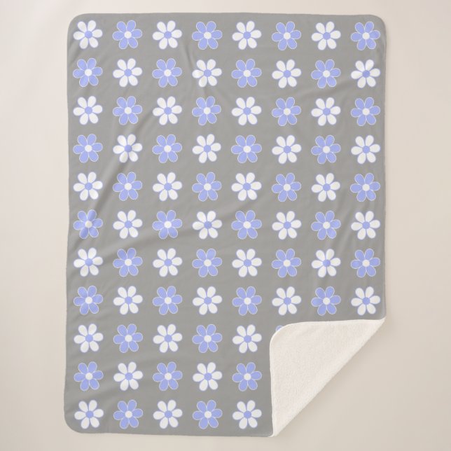 Sky Blue & White Blume auf Silver Grau Sherpadecke (Vorderseite)