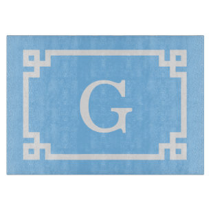 Sky Blue White Greek Key Frame #2 Initial Monogram Schneidebrett