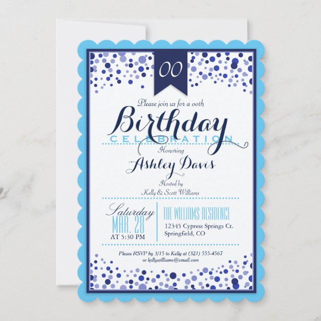 Sky Blue, White, Navy Blue Birthday Party Einladung (Vorderseite)