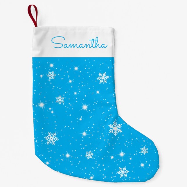 Sky Blue White Snowflakes Stars Muster mit Namen Kleiner Weihnachtsstrumpf (Vorderseite)