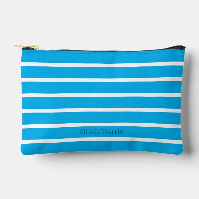 Sky Blue & White Strip Travel & Make Up Bag Zubehörtasche (Vorderseite)