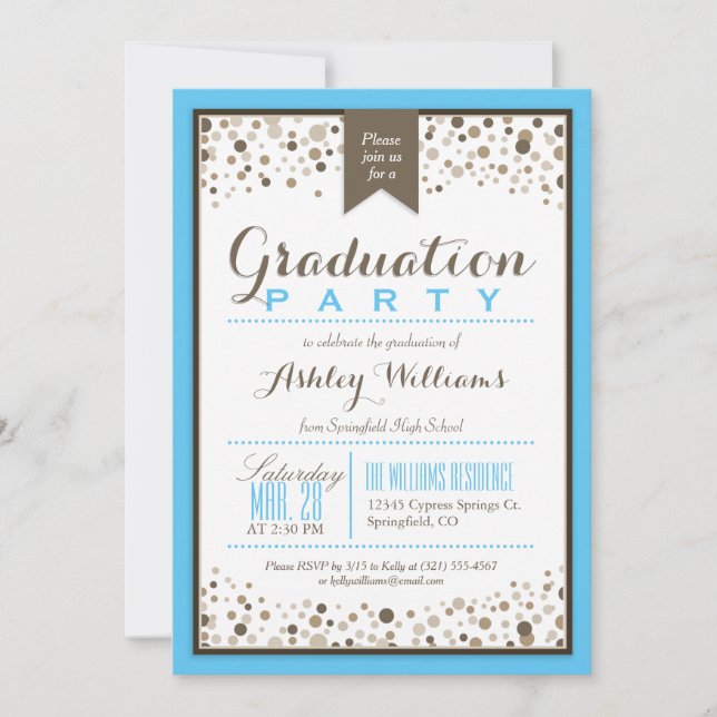 Sky Blue, White & Taupe Moderne Graduierungsparty Einladung (Vorderseite)