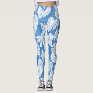 Sky Blue White Tropical Leaf Beach Sommer Leggings