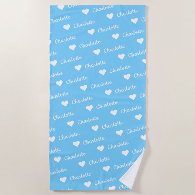 Sky Blue Wiederholung Name Script Heart Beach Hand Strandtuch (Vorderseite)