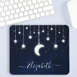 Sky Celestial Moon Stars String Lights Mousepad<br><div class="desc">Aquarellblau Nachthimmel mit Sternen und dem Mondmaus. Ihr Name in modischer Schrift. Bokeh-Saitenleuchten.</div>